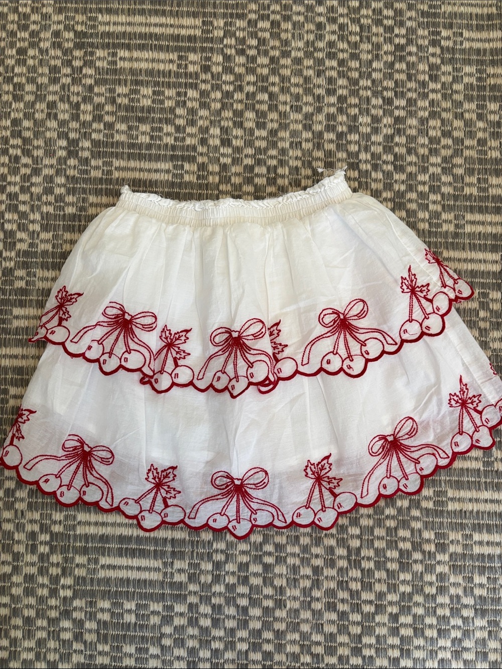 Girls LoveShackFancy White Tiered Skirt with Red Embroidered Cherry Trim